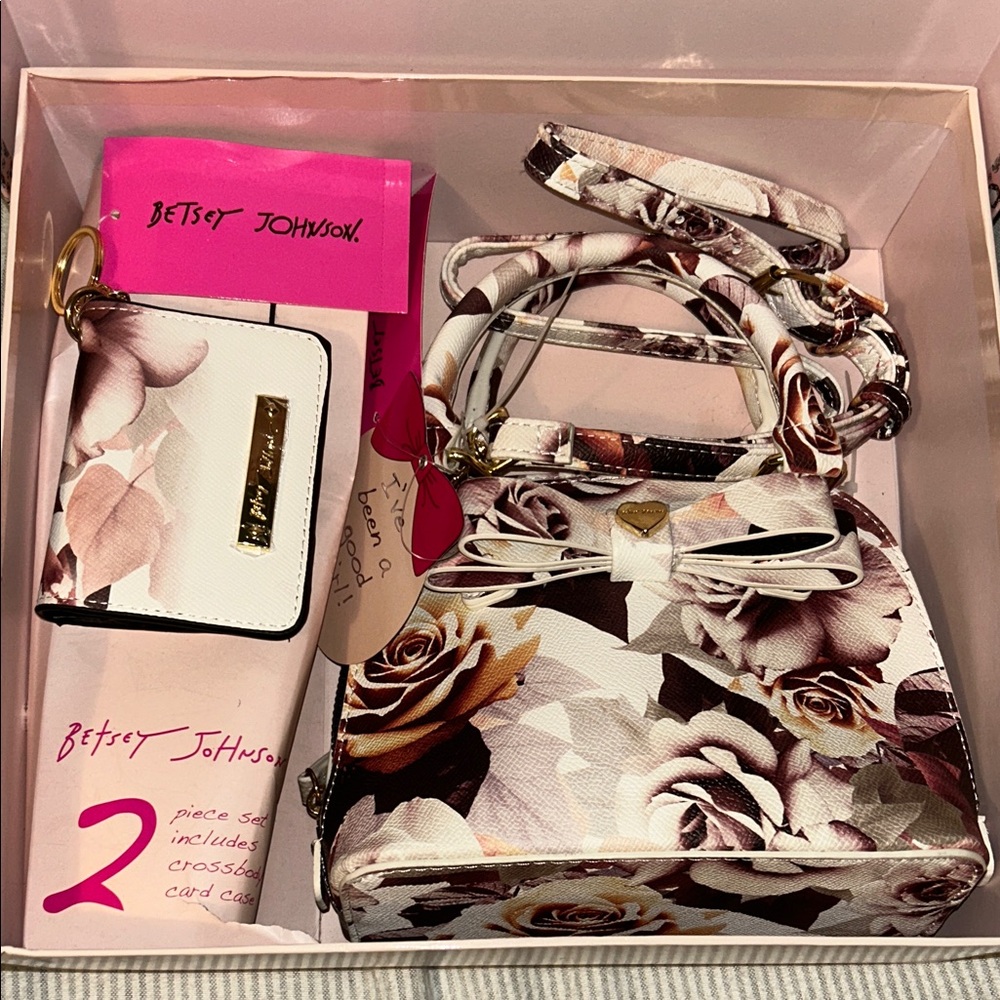 Betsey Johnson Rose Print 2 Piece Set Includes Crossbody & Wallet